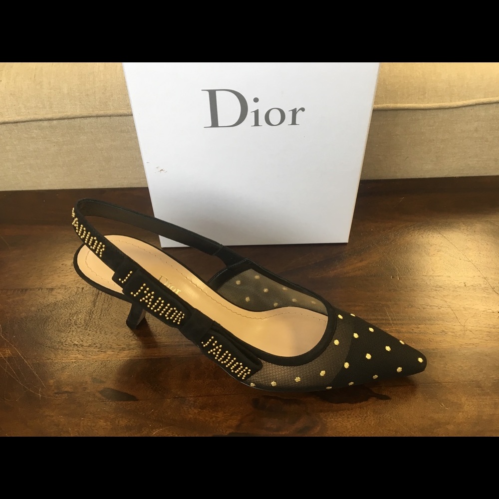2019  J’ADIOR BLACK GOLD SLINGBACK DOTTED PUMPS